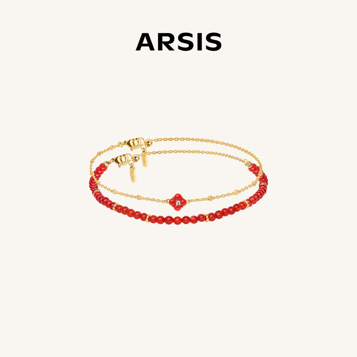 Gold-Tone Red Agate Clover Charm Bracelet